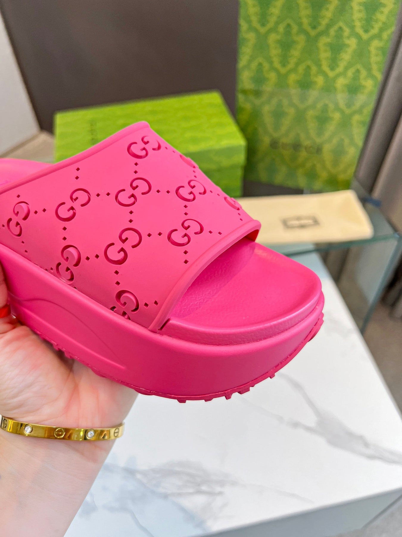 PLATFORM SANDALS IN BRIGHT PINK MONOGRAM IMPORTED TPU