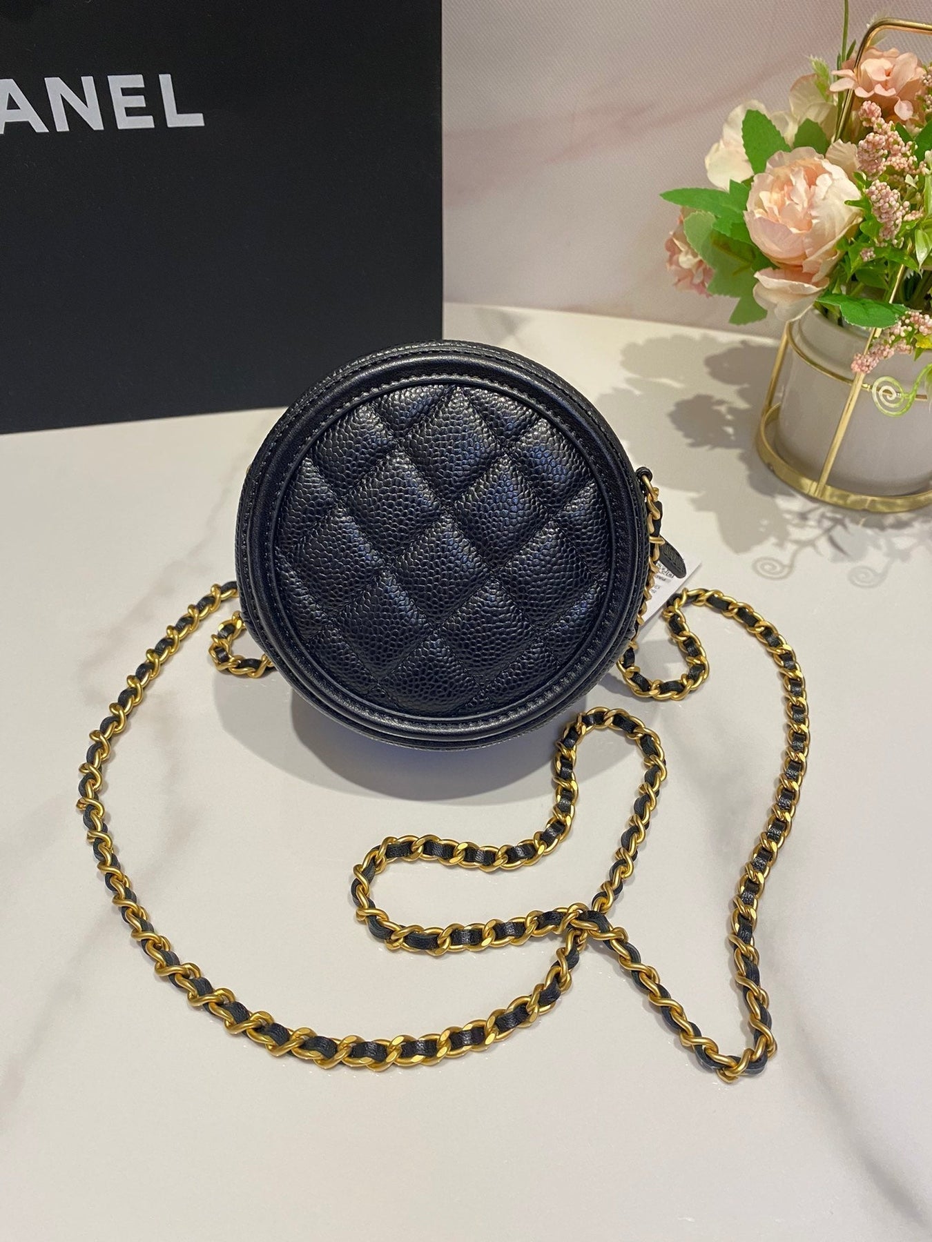 CC MINI 12 ROUND CHAIN BAG IN BLACK CALFSKIN GOLD HARDWARE