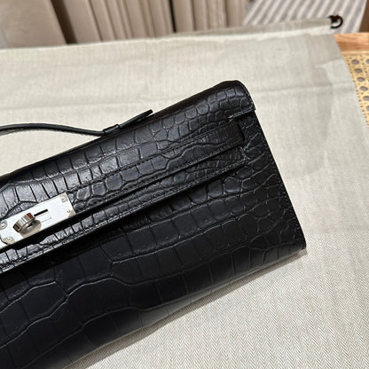 KELLY CUT 31 IN BLACK SHINY ALLIGATOR LEATHER WITH SILVER HARDWARE