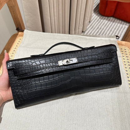 KELLY CUT 31 IN BLACK SHINY ALLIGATOR LEATHER WITH SILVER HARDWARE