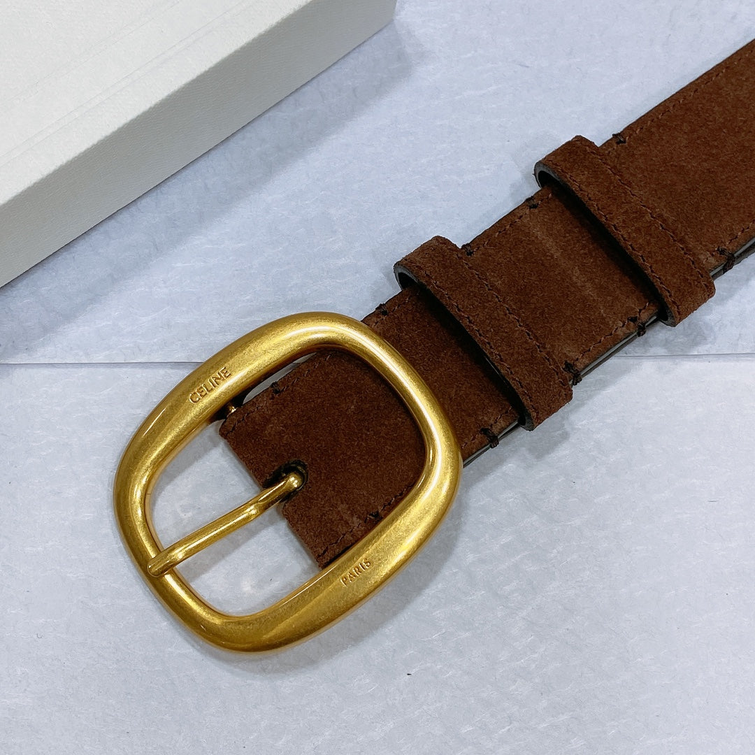 CL LARGE 35 MM BELT IN CHOCOLATE BROWN SUEDE GOLD HARDWARE