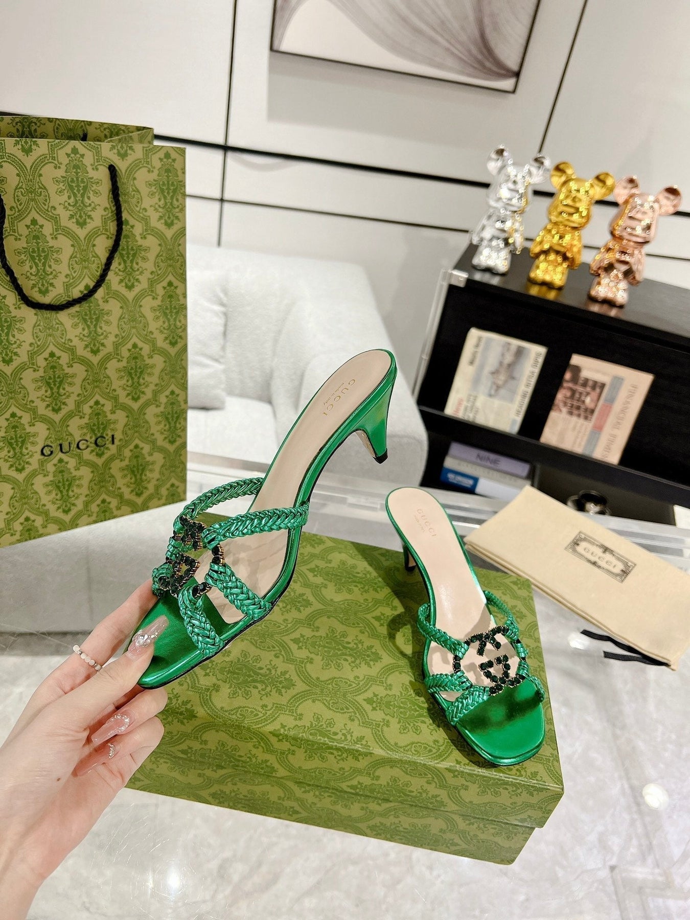 GG CRYSTAL MID - HEEL JADE GREEN CALFSKIN