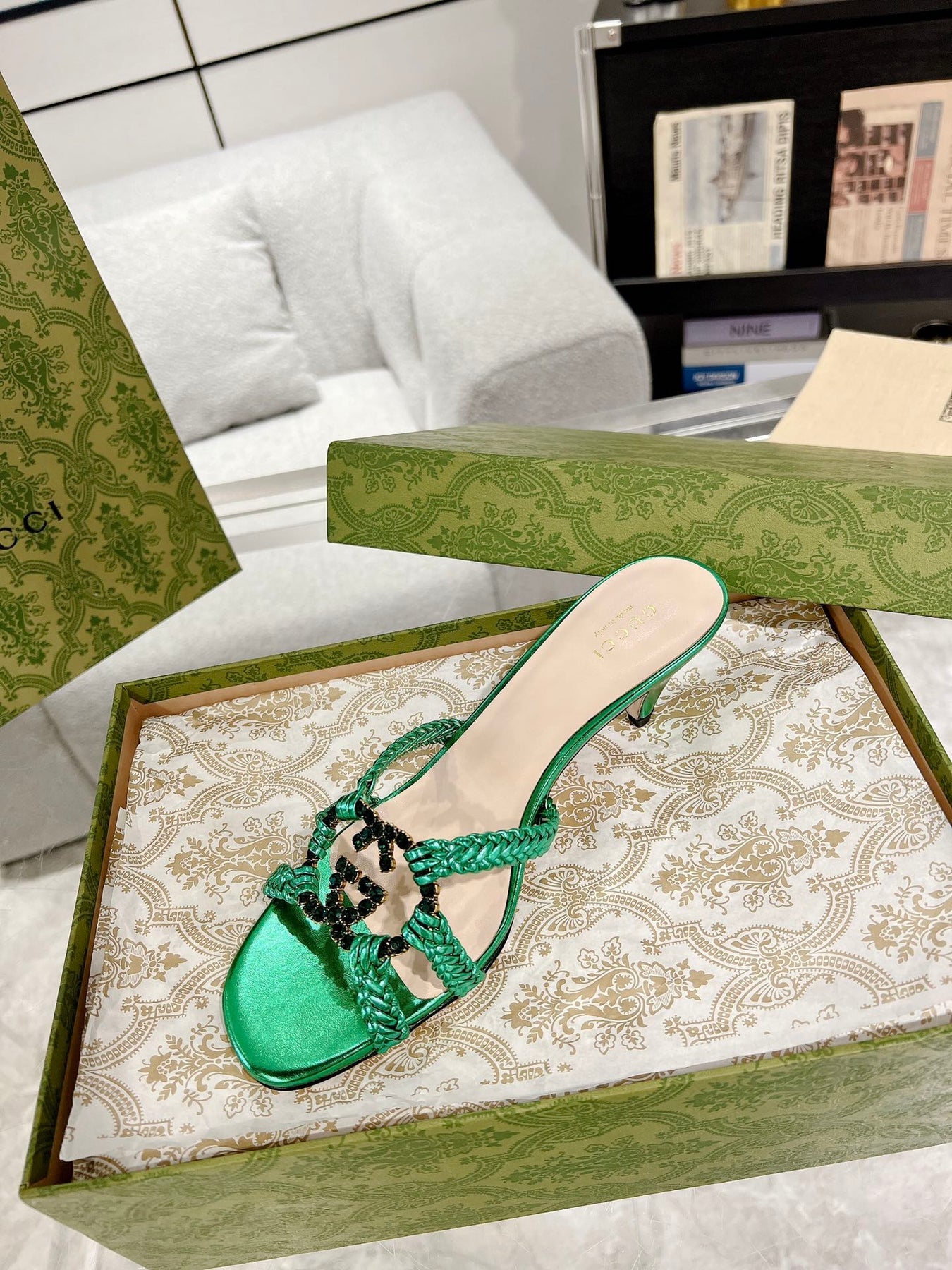GG CRYSTAL MID - HEEL JADE GREEN CALFSKIN