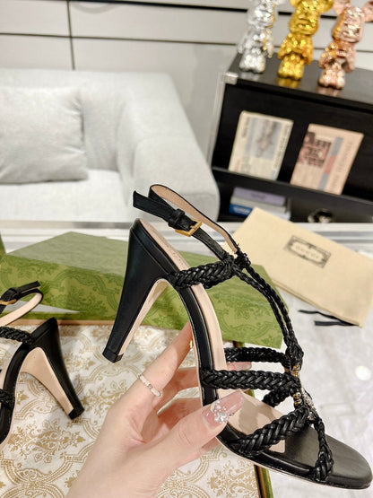 GG CRYSTAL HIGH HEEL SANDAL BLACK CALFSKIN SPECIAL