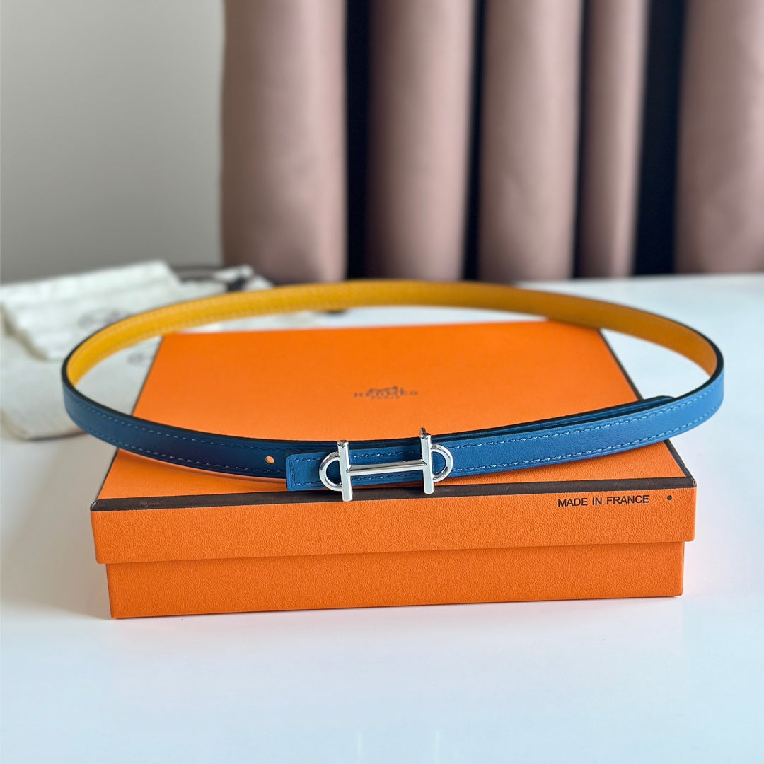 HM GAMMA BUCKLE & REVERSIBLE GOLDEN AND BLUE LEATHER STRAP 13MM SILVER HARDWARE