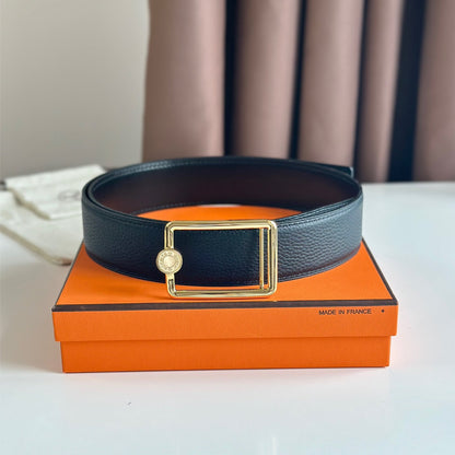 HM OSCAR BELT BUCKLE & REVERSIBLE BLACK LEATHER STRAP 38MM GOLD HARDWARE