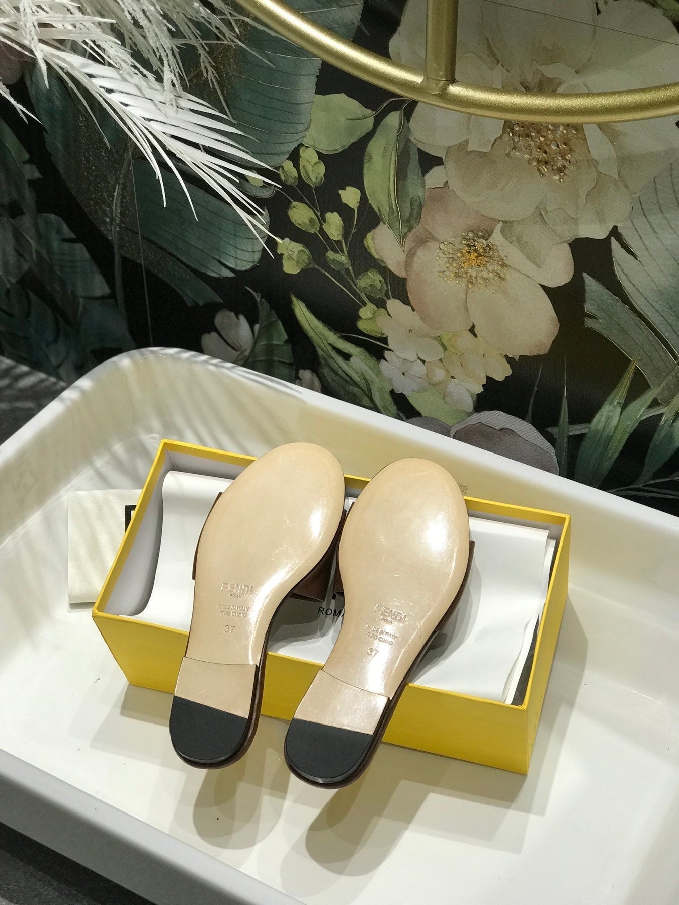 FENDI BAGUETTE SLIDES IN COFFEE BROWN LAMBSKIN