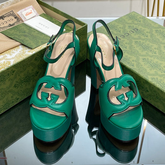 GG 120 INTERLOCKING G SANDAL JADE GREEN CALFSKIN