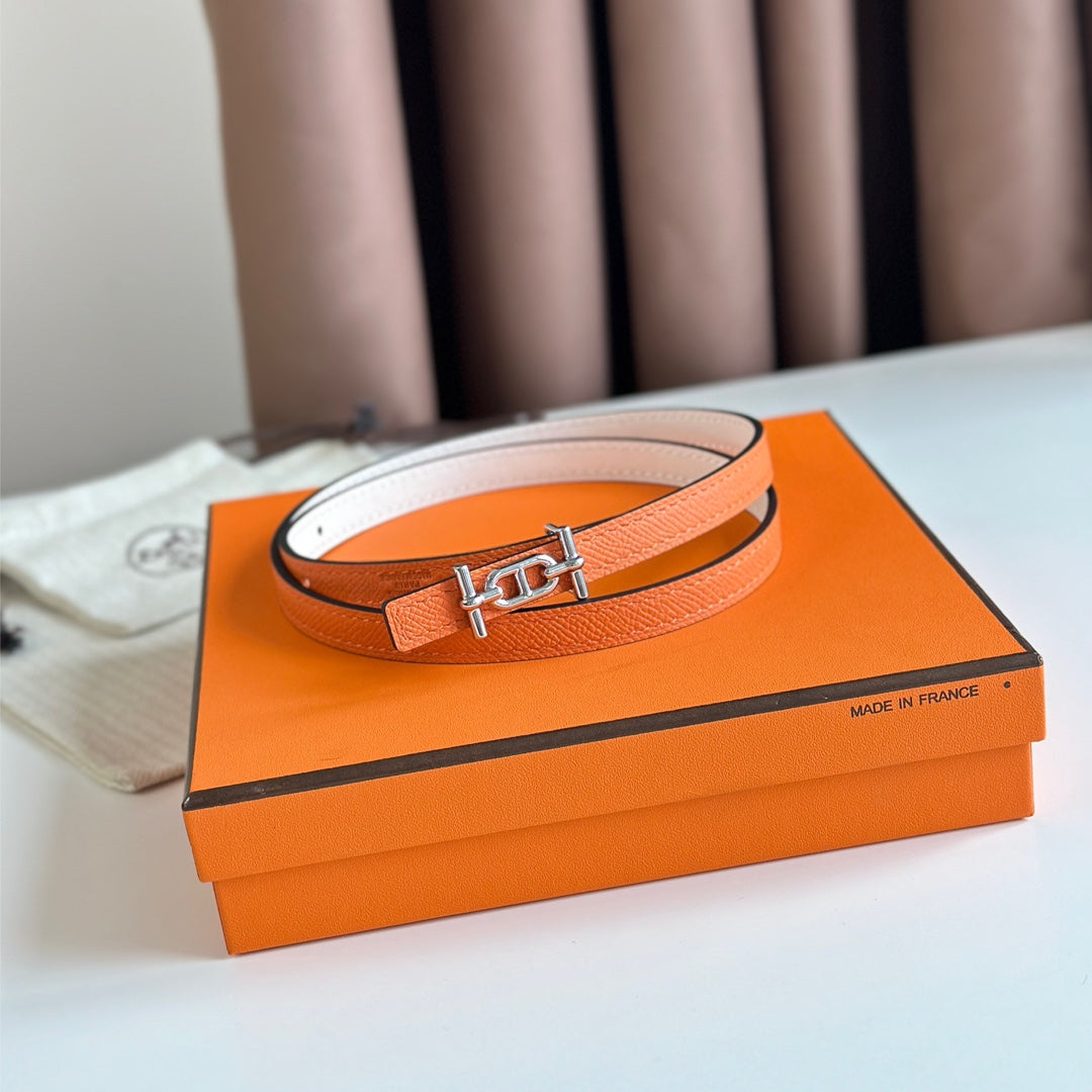 HM ANCRE BUCKLE & REVERSIBLE WHITE AND ORANGE LEATHER STRAP 13MM SILVER HARDWARE