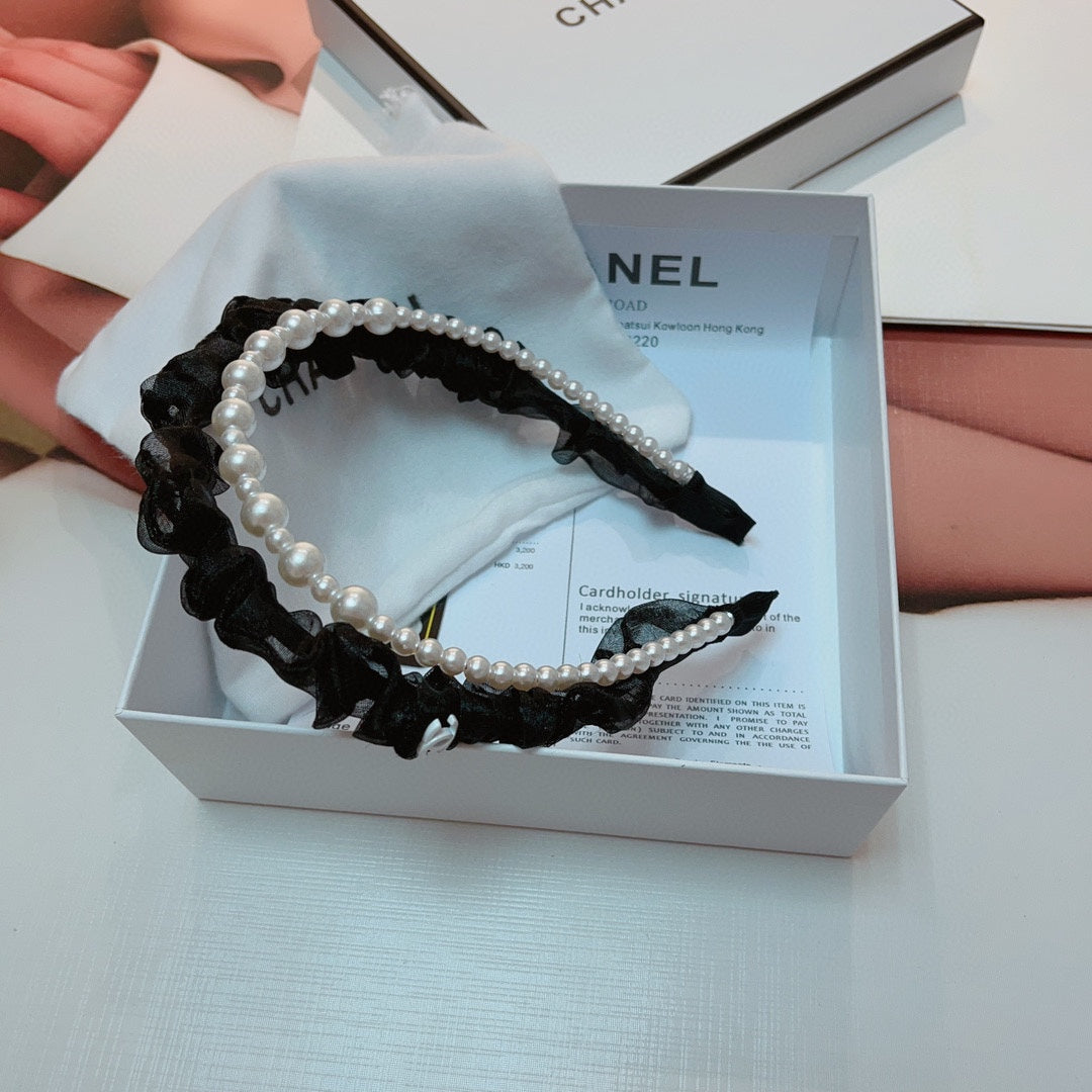 BLACK VOILE FABRIC HAIRBAND WITH PEARL CHAIN 867187