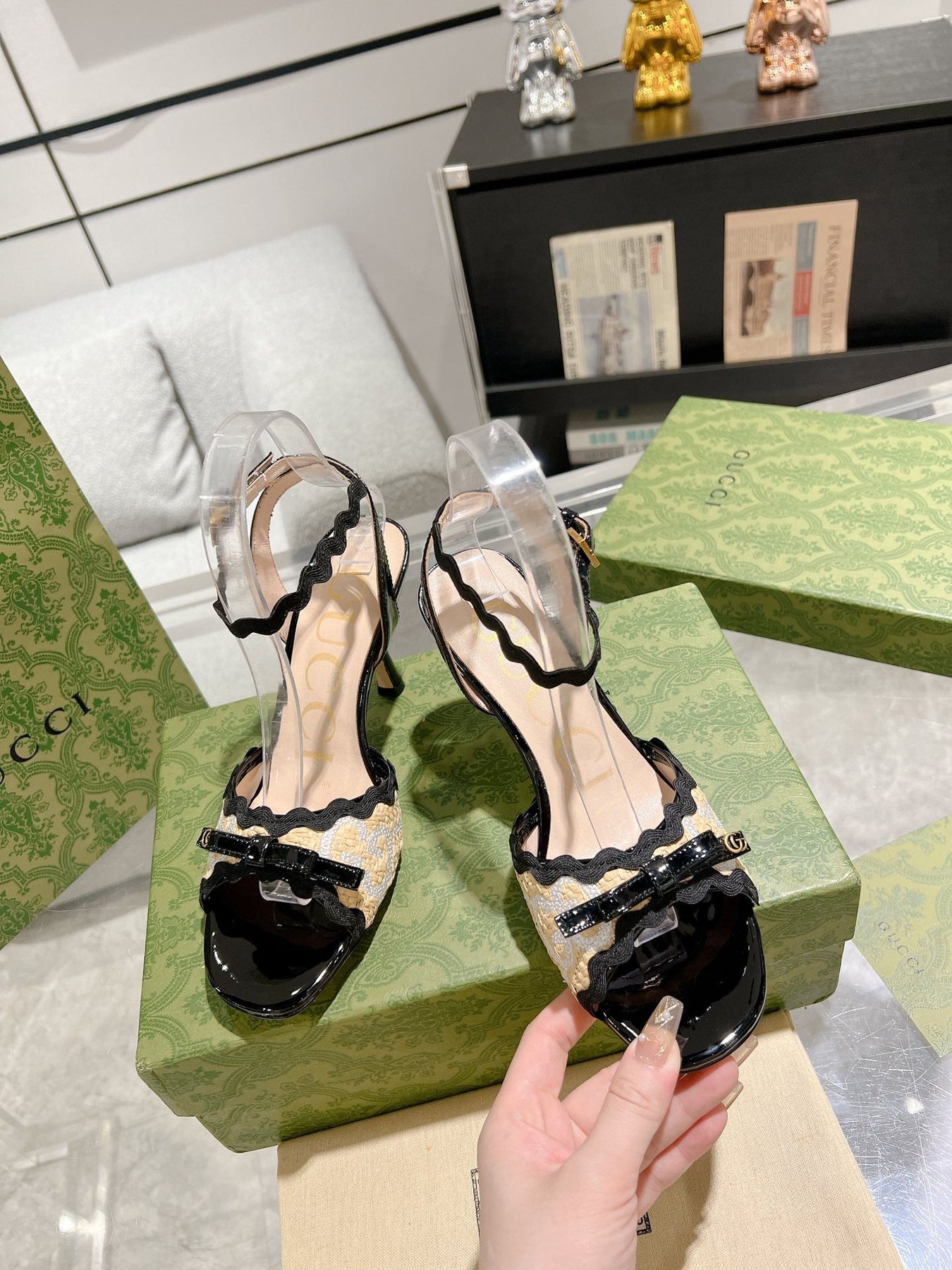 GG HIGH - HEEL SANDAL BLACK FABRIC ATTACH BOW