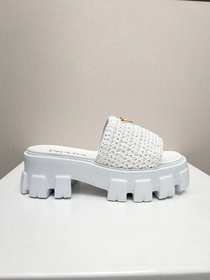 PRA THICK-SOLED CROCHET SANDALS WHITE WOVEN FABRIC