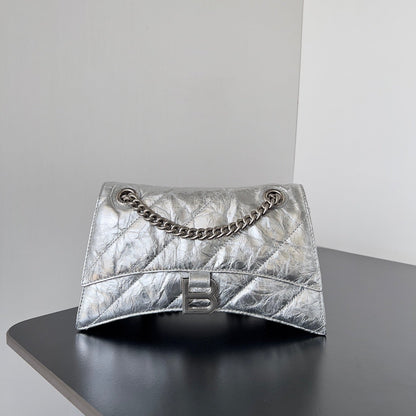 CRUSH CHAINED BAG 25 IN SILVER METALLIC QUILTED CRUSHED CALFSKIN