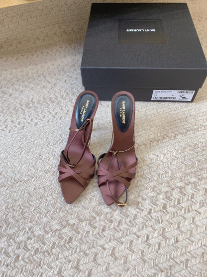 CROSS STRAP HIGH HEEL IN CHESTNUT SILK GOLD CHAIN