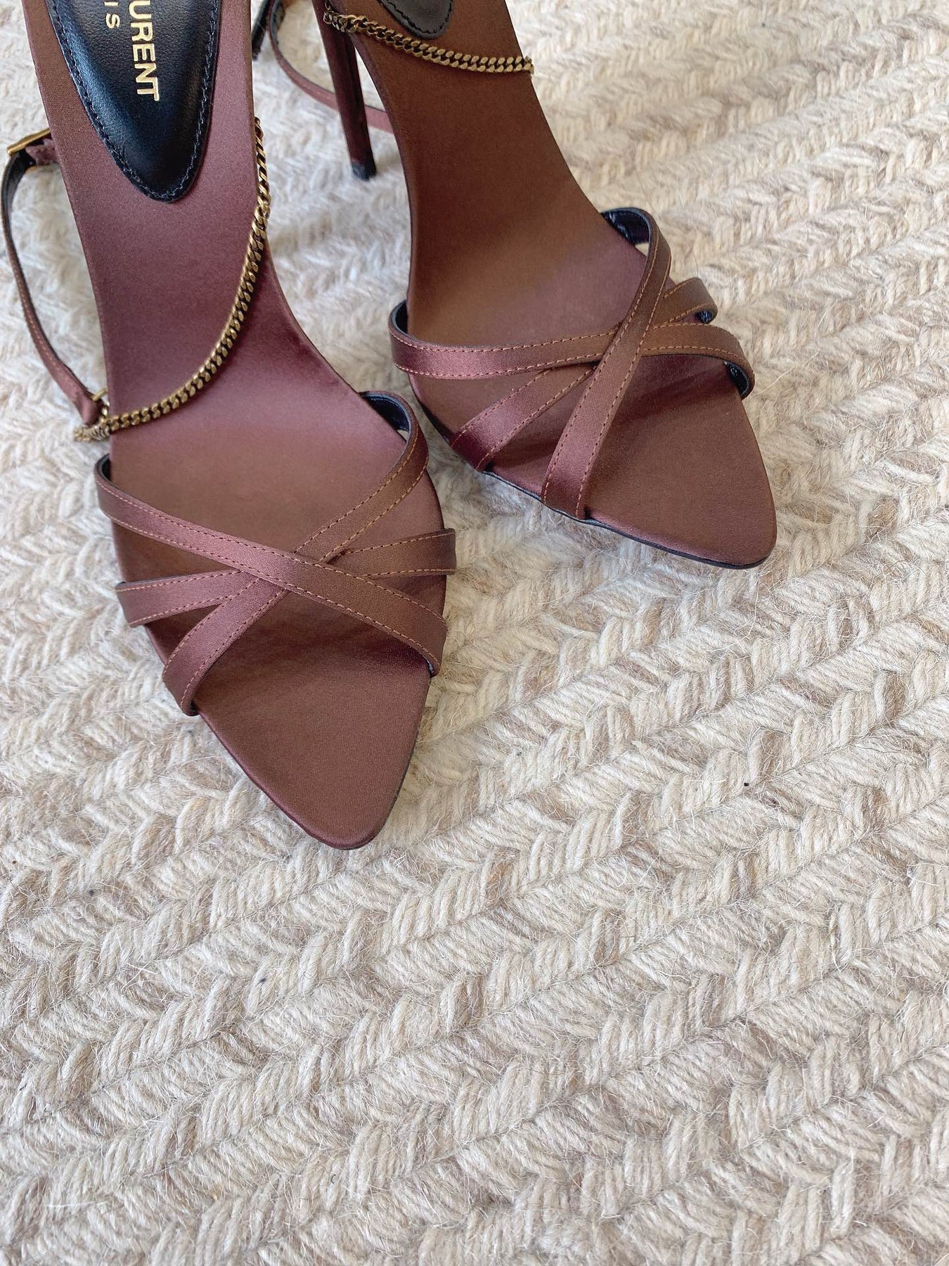 CROSS STRAP HIGH HEEL IN CHESTNUT SILK GOLD CHAIN