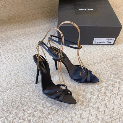 CROSS STRAP HIGH HEEL IN BLACK SILK GOLD CHAIN