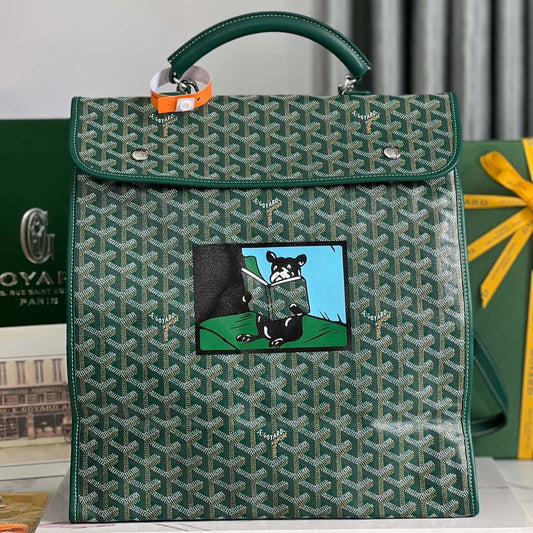 SAINT LÉGER BACKPACK 35 IN GREEN GOYARDINE CANVAS AND CALFSKIN WITH CARTOON PATCH