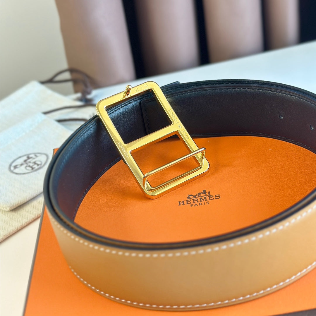 HM  BELT BUCKLE & REVERSIBLE ORANGE PASTEL AND BLACK LEATHER STRAP 38MM GOLD HARDWARE