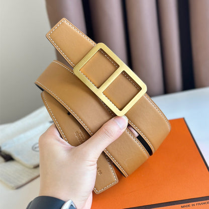 HM  BELT BUCKLE & REVERSIBLE ORANGE PASTEL AND BLACK LEATHER STRAP 38MM GOLD HARDWARE