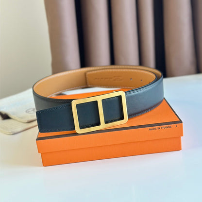 HM  BELT BUCKLE & REVERSIBLE ORANGE PASTEL AND BLACK LEATHER STRAP 38MM GOLD HARDWARE