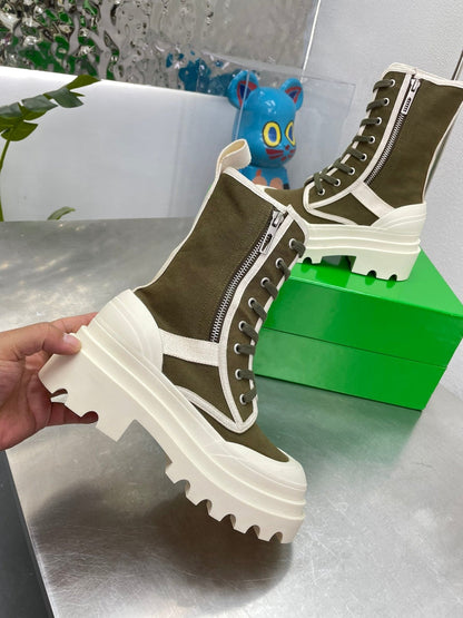 RIBBON BOMBER LACE-UP BOOTS IN OLIVE GREEN MIX WHITE CANVAS