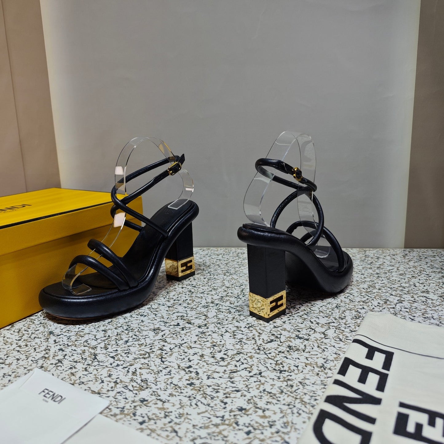 FENDI CHUNKY HIGH-HEELED SANDAL IN BLACK CALFKIN WITH GOLD HARDWARE