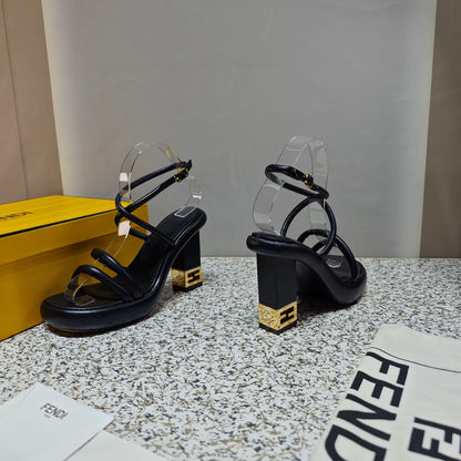 FENDI CHUNKY HIGH-HEELED SANDAL IN BLACK CALFKIN WITH GOLD HARDWARE