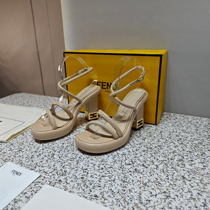 FENDI CHUNKY HIGH-HEELED SANDAL IN BEIGE BISQUE CALFKIN WITH GOLD HARDWARE
