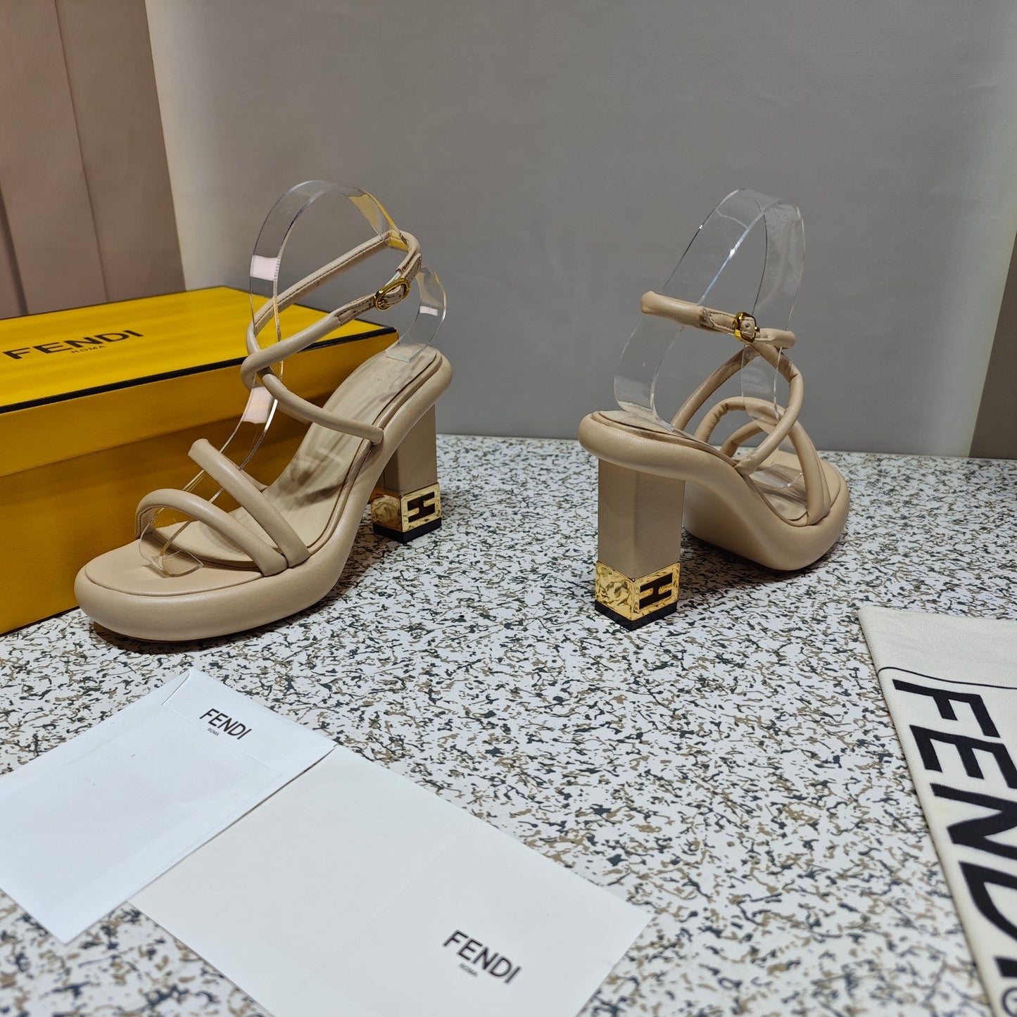 FENDI CHUNKY HIGH-HEELED SANDAL IN BEIGE BISQUE CALFKIN WITH GOLD HARDWARE
