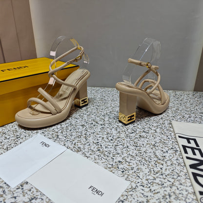 FENDI CHUNKY HIGH-HEELED SANDAL IN BEIGE BISQUE CALFKIN WITH GOLD HARDWARE