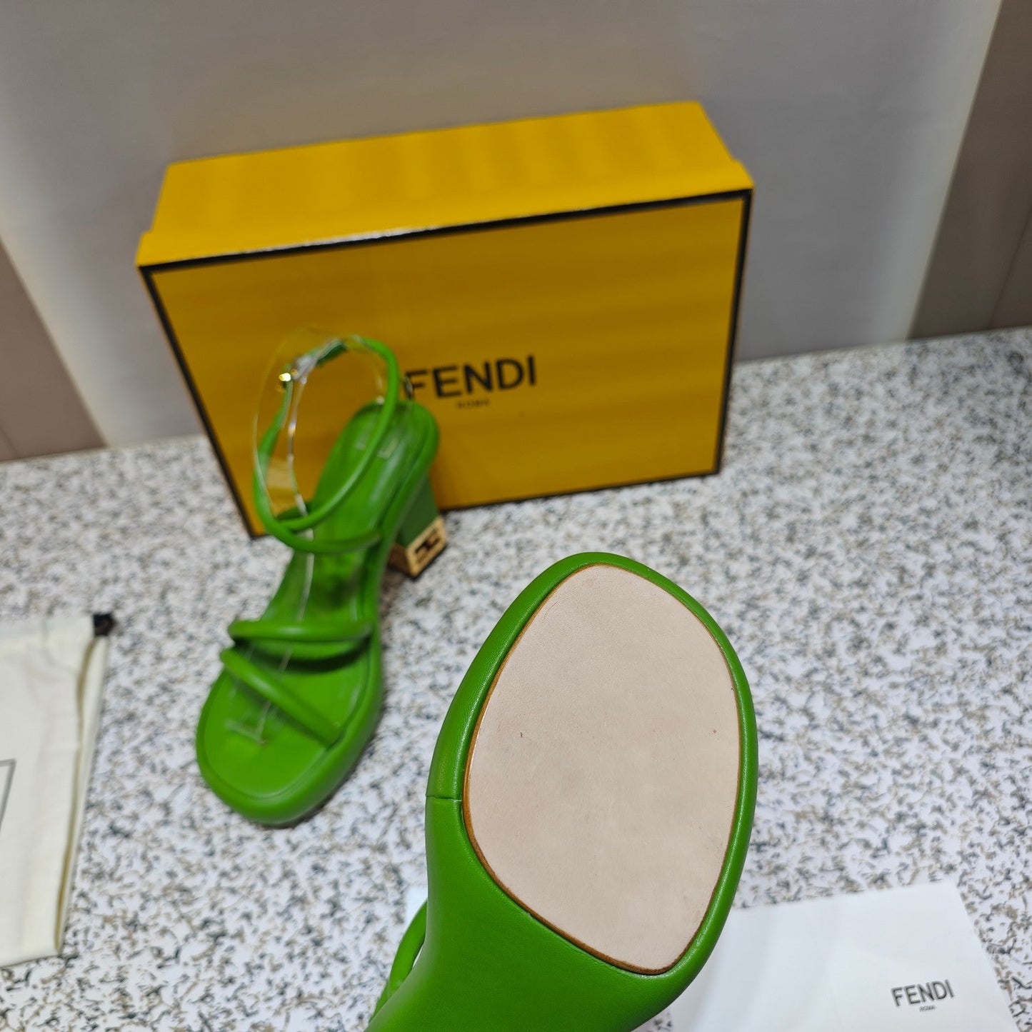 FENDI CHUNKY HIGH-HEELED SANDAL IN SHAMROCK GREEN CALFKIN WITH GOLD HARDWARE