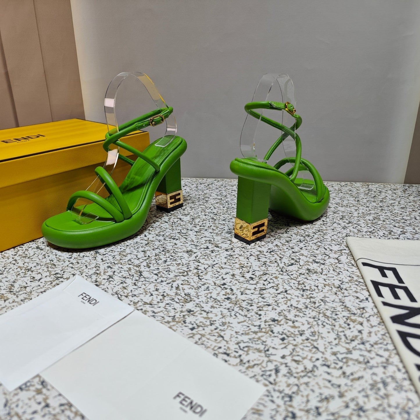 FENDI CHUNKY HIGH-HEELED SANDAL IN SHAMROCK GREEN CALFKIN WITH GOLD HARDWARE