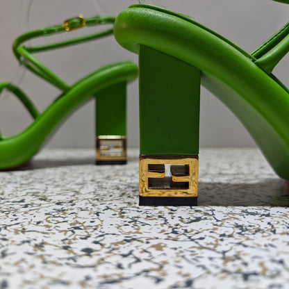 FENDI CHUNKY HIGH-HEELED SANDAL IN SHAMROCK GREEN CALFKIN WITH GOLD HARDWARE