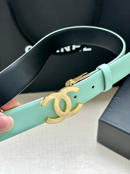CC 30MM BELT IN GREEN MINT AND BLACK CALFSKIN WITH GOLD HARDWARE