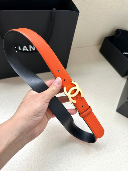 CC 30MM BELT IN FIRE ORANGE AND BLACK CALFSKIN WITH GOLD HARDWARE