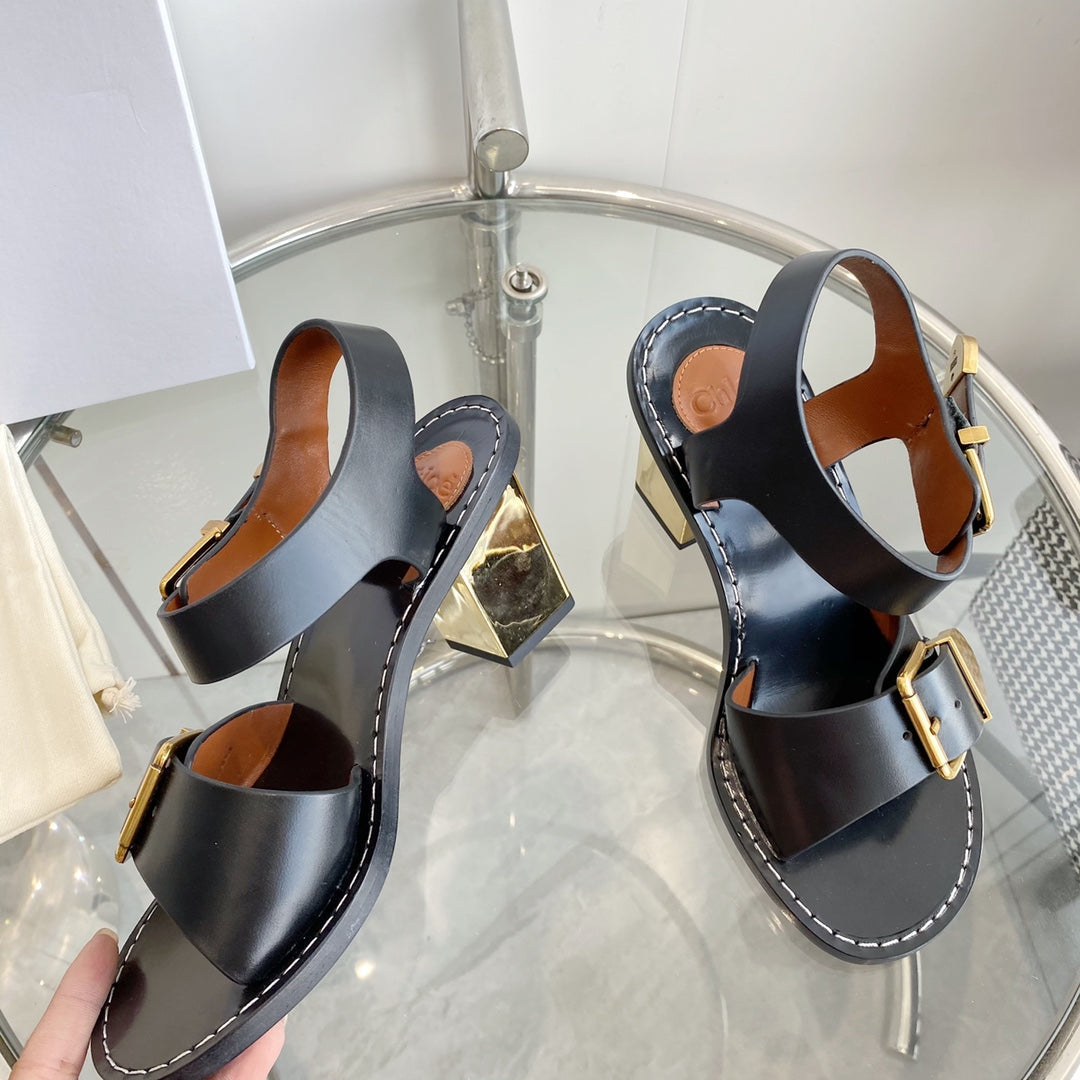 REBECCA LOW HEELED SANDAL IN BLACK LAMBSKIN GOLD HARDWARE