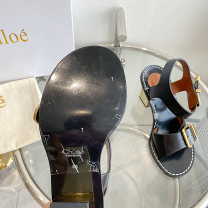 REBECCA LOW HEELED SANDAL IN BLACK LAMBSKIN GOLD HARDWARE