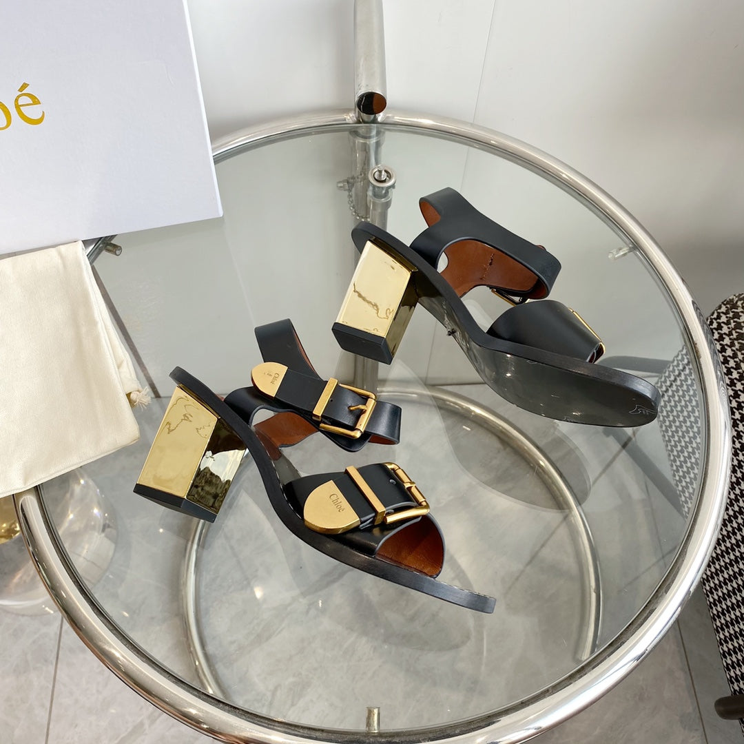 REBECCA LOW HEELED SANDAL IN BLACK LAMBSKIN GOLD HARDWARE