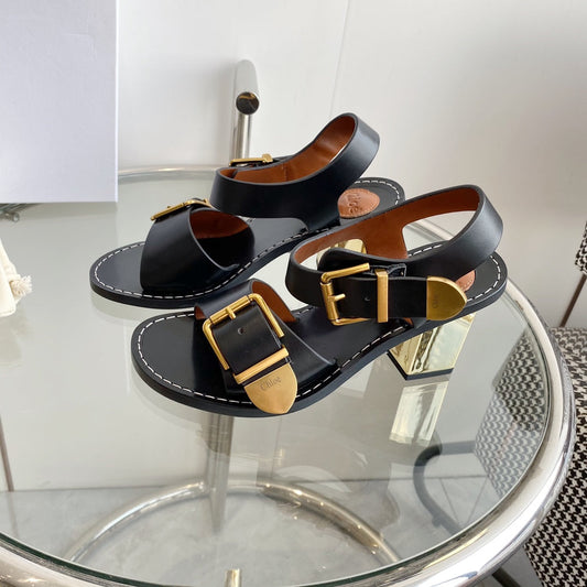 REBECCA LOW HEELED SANDAL IN BLACK LAMBSKIN GOLD HARDWARE