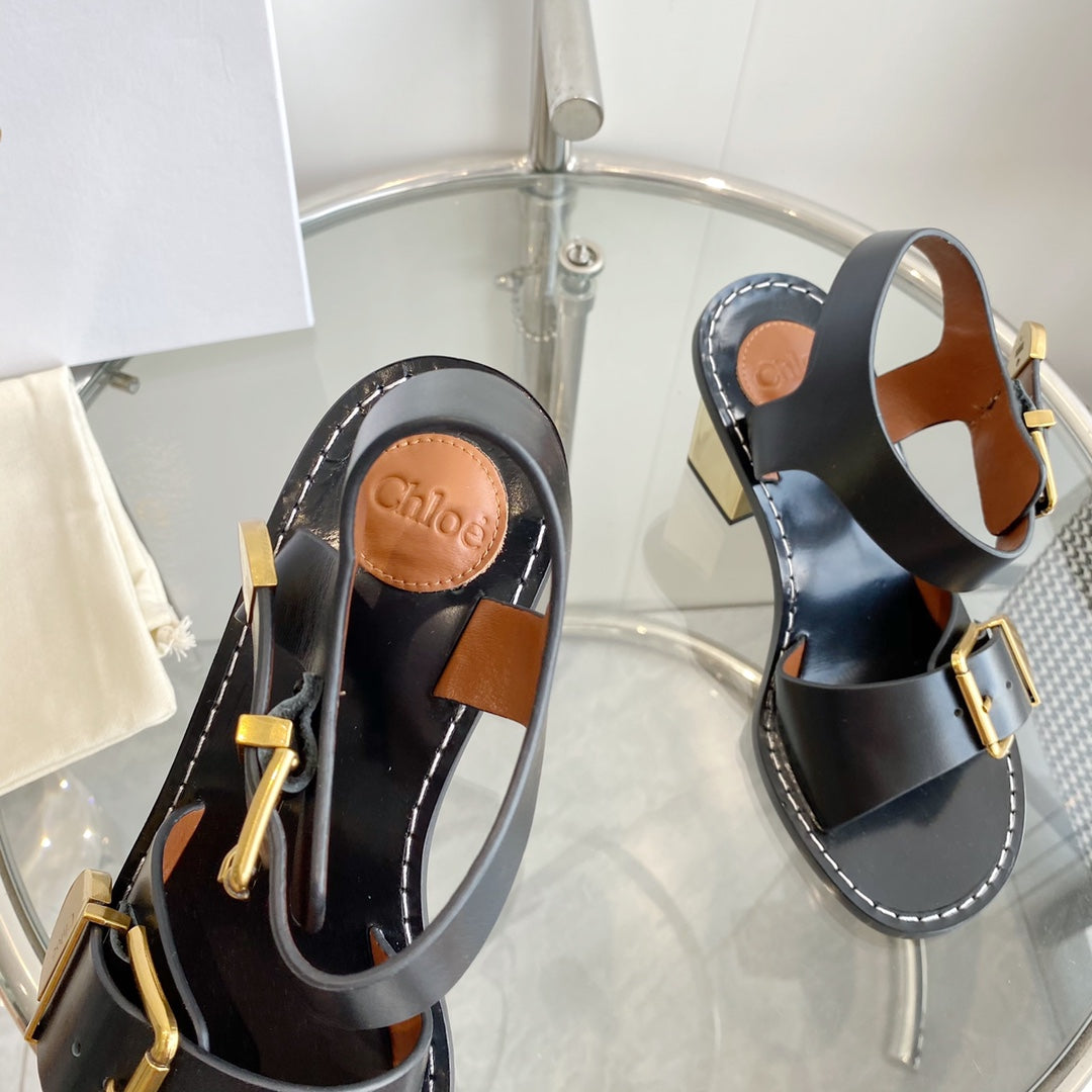 REBECCA LOW HEELED SANDAL IN BLACK LAMBSKIN GOLD HARDWARE