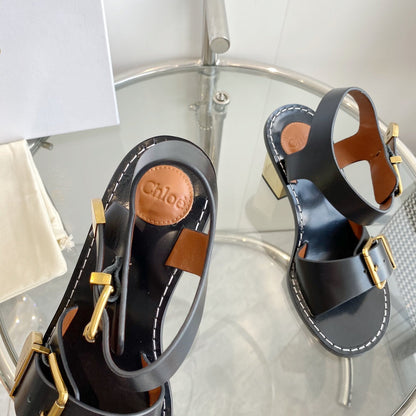 REBECCA LOW HEELED SANDAL IN BLACK LAMBSKIN GOLD HARDWARE