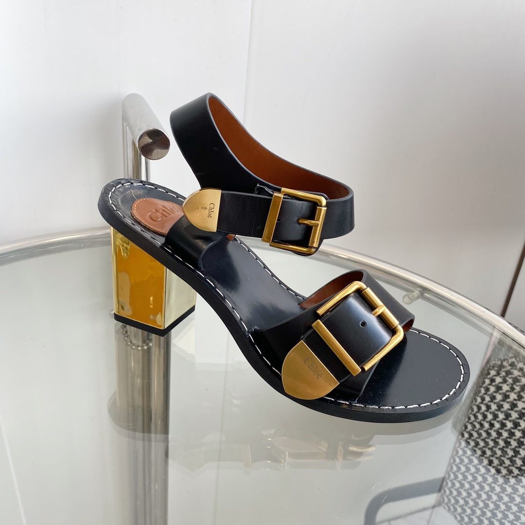REBECCA LOW HEELED SANDAL IN BLACK LAMBSKIN GOLD HARDWARE
