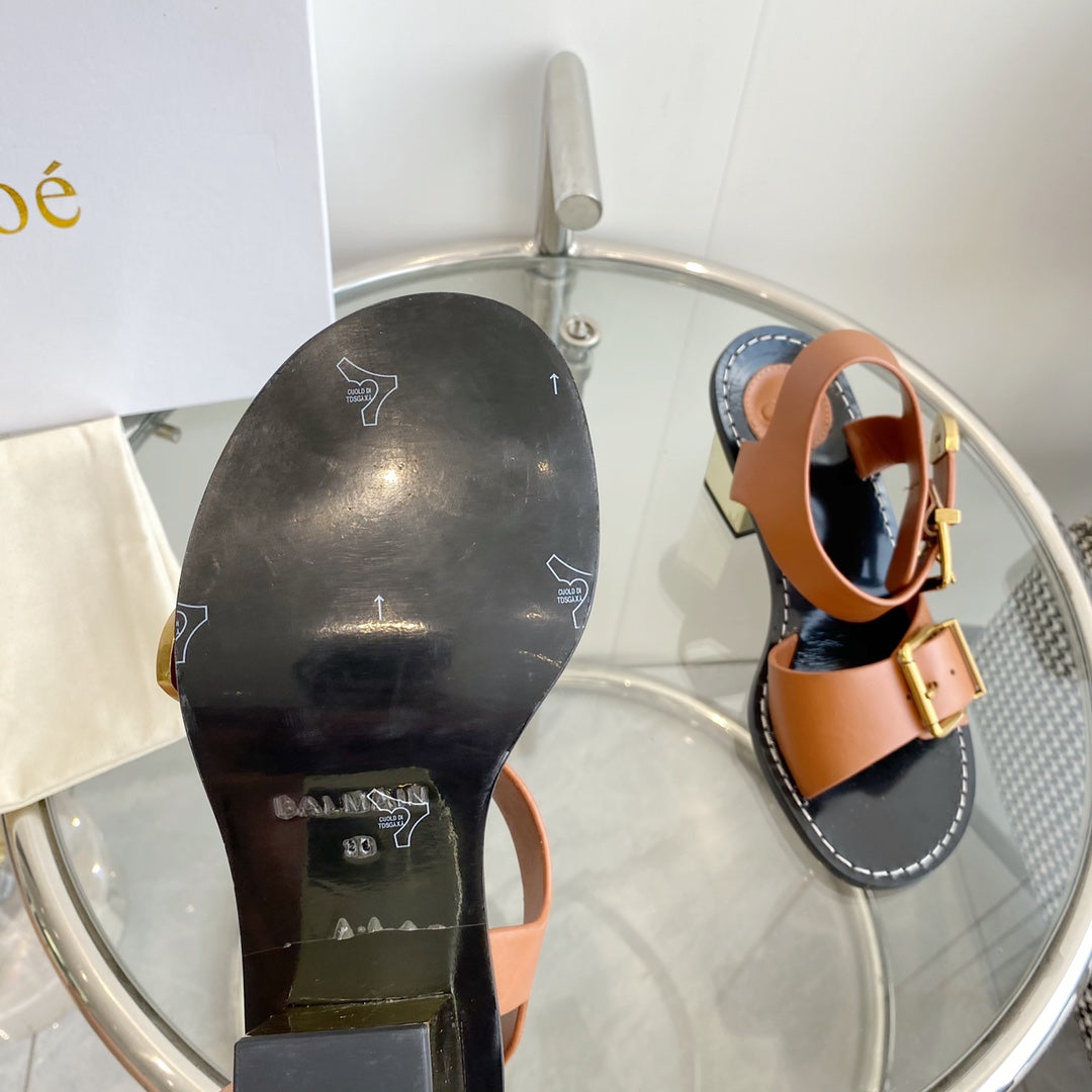 REBECCA LOW HEELED SANDAL IN CINNAMON BROWN LAMBSKIN GOLD HARDWARE