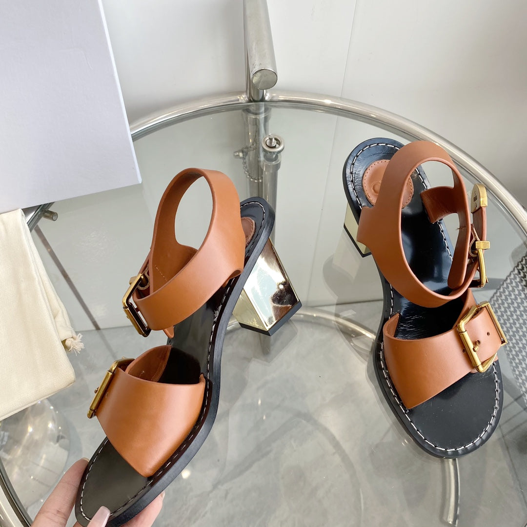 REBECCA LOW HEELED SANDAL IN CINNAMON BROWN LAMBSKIN GOLD HARDWARE