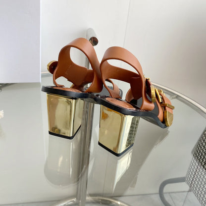 REBECCA LOW HEELED SANDAL IN CINNAMON BROWN LAMBSKIN GOLD HARDWARE