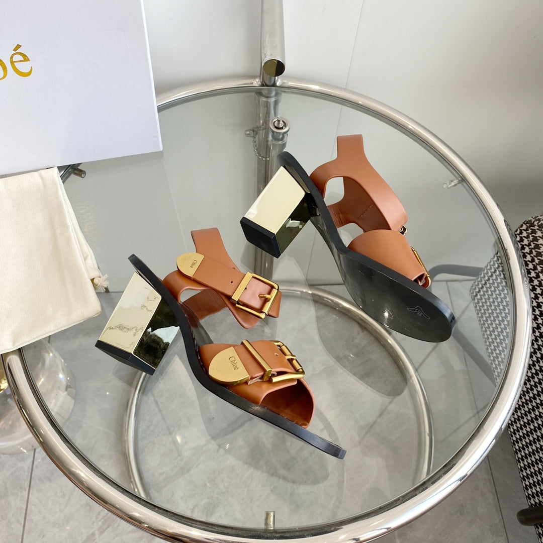 REBECCA LOW HEELED SANDAL IN CINNAMON BROWN LAMBSKIN GOLD HARDWARE