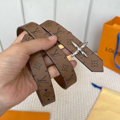 LV FLOWERGRAM 25 MM REVERSIBLE BELT IN BROWN MONOGRAM CALFSKIN SILVER HARDWARE