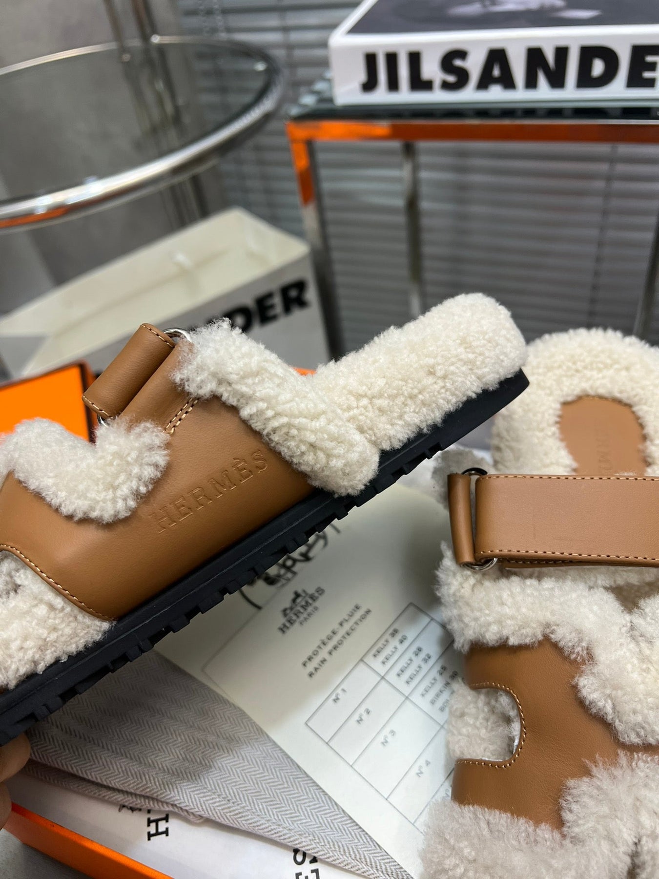 CHYPRE SLIPPERS IN BEIGE LAMB WOOL AND CIDER BROWN CALFSKIN