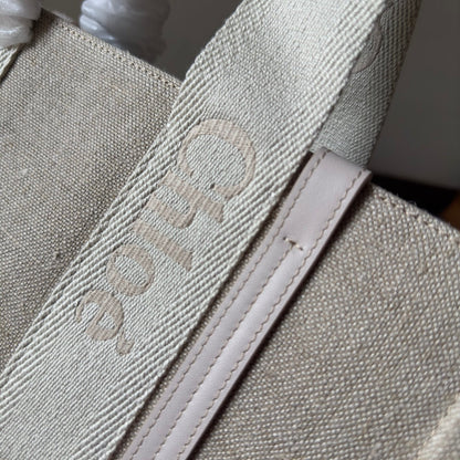 MEDIUM WOODY TOTE BAG 37 IN BEIGE LINEN CANVAS WEBBING LOGO EMBROIDER COTTON WHITE CALFSKIN