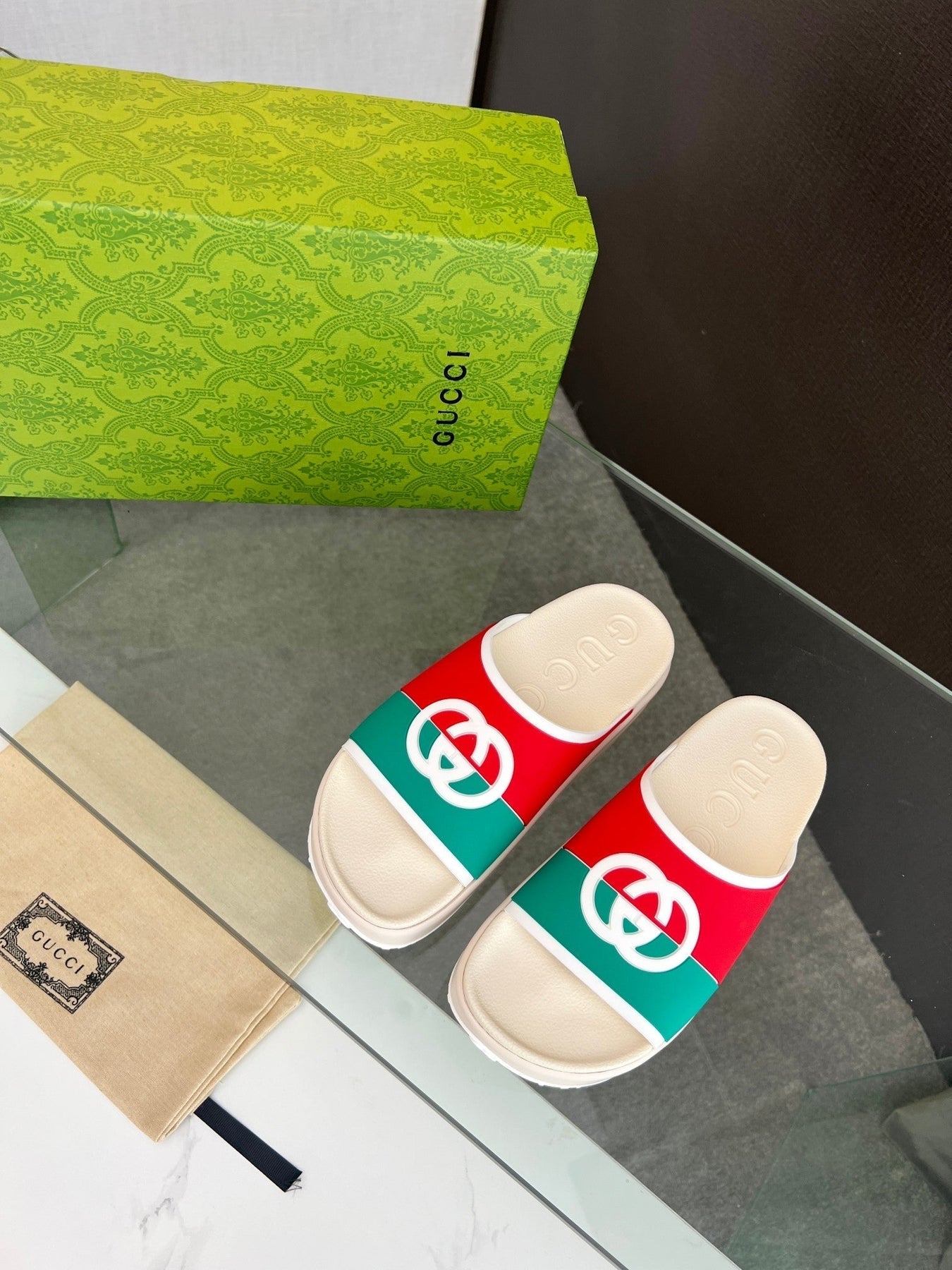 INTERLOCKING G SLIDE SANDAL IN WHITE MIX COLORFUL IMPORTED TPU